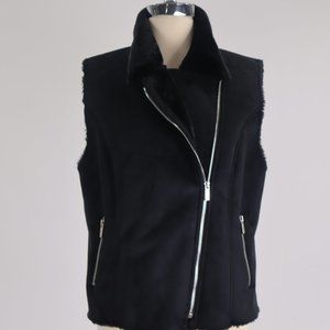 Calvin Klein NWOT Black Suede Sherpa Faux Fur Zipper Motorcycle Vest Coat Jacket